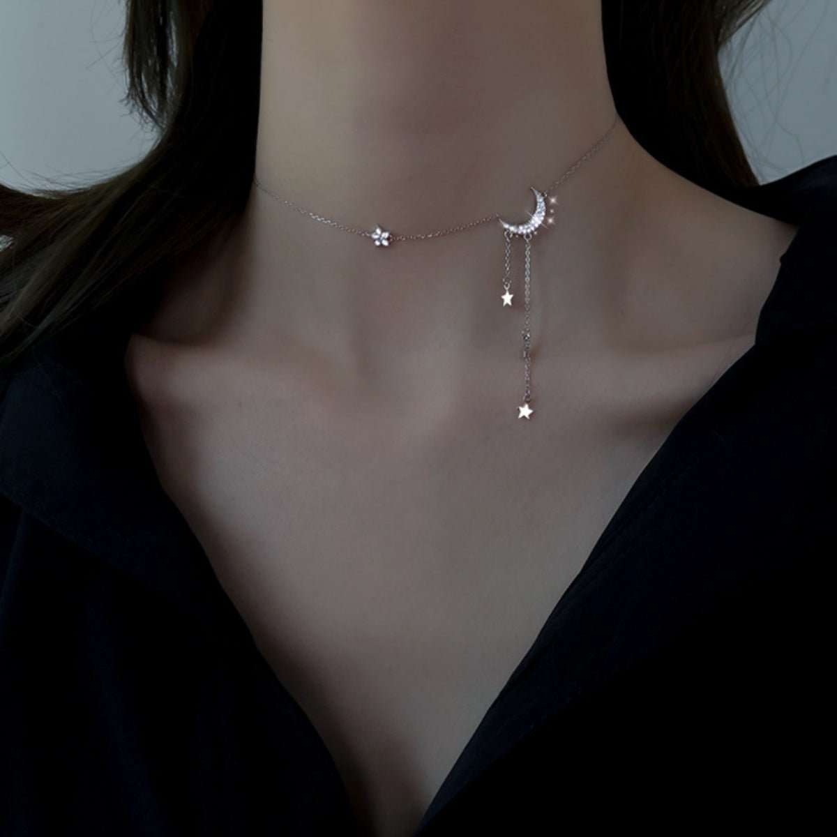 925 Sterling Silver Moon Necklace with Star Charm