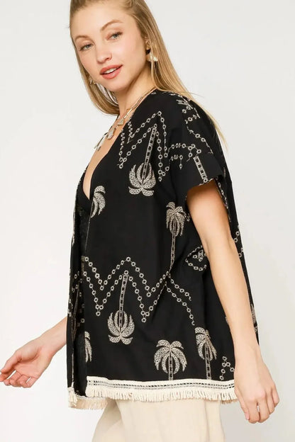 Umgee Embroidered Kimono with Open Front and Fringe