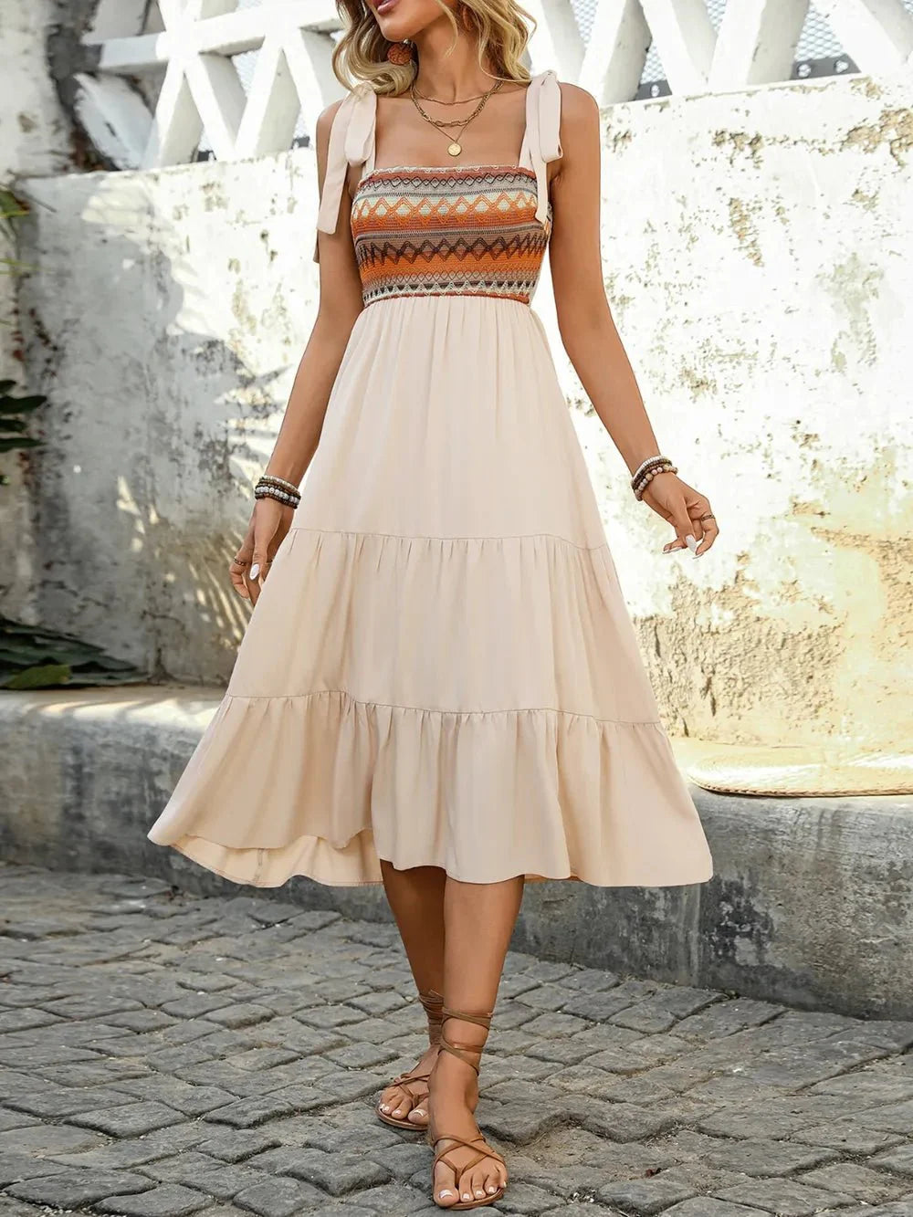 Tie Shoulder Midi Dress - Square Neck Tiered Midi Dress for Effortless Style