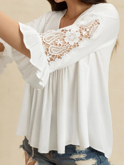 V-Neck Lace Top with Flounce Sleeves