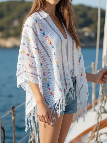 Openwork Fringe Knit Cape with Open Front Design