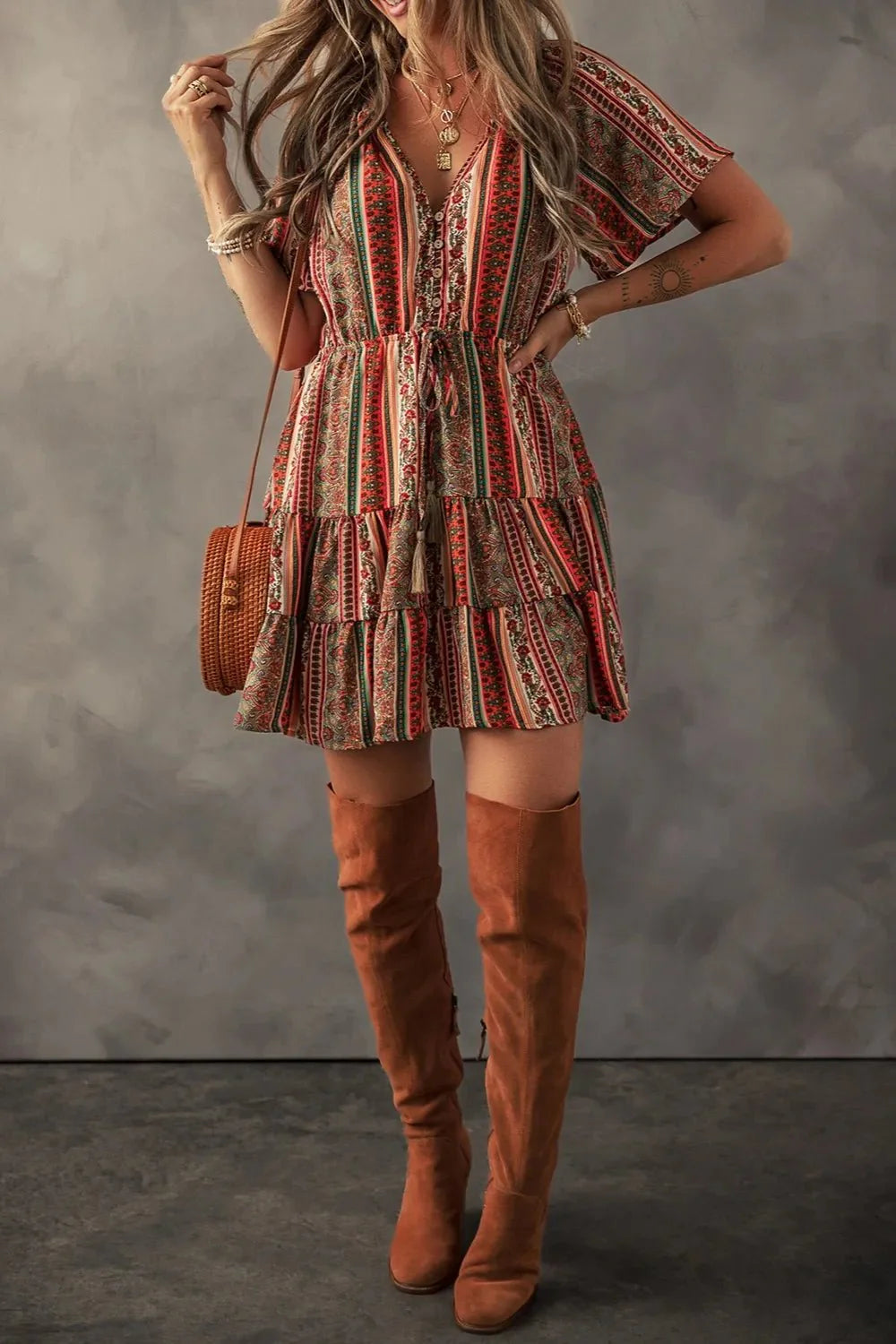Bohemian Floral Dress with Buttoned V Neck and Ruffle Tiered Design