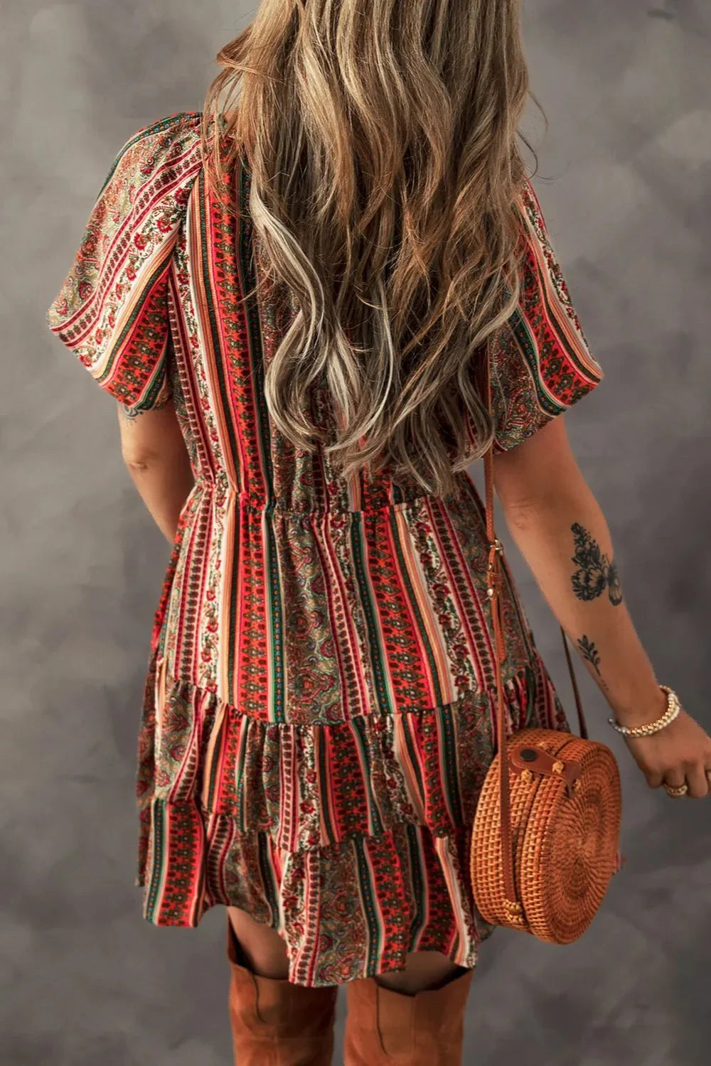 Bohemian Floral Dress with Buttoned V Neck and Ruffle Tiered Design