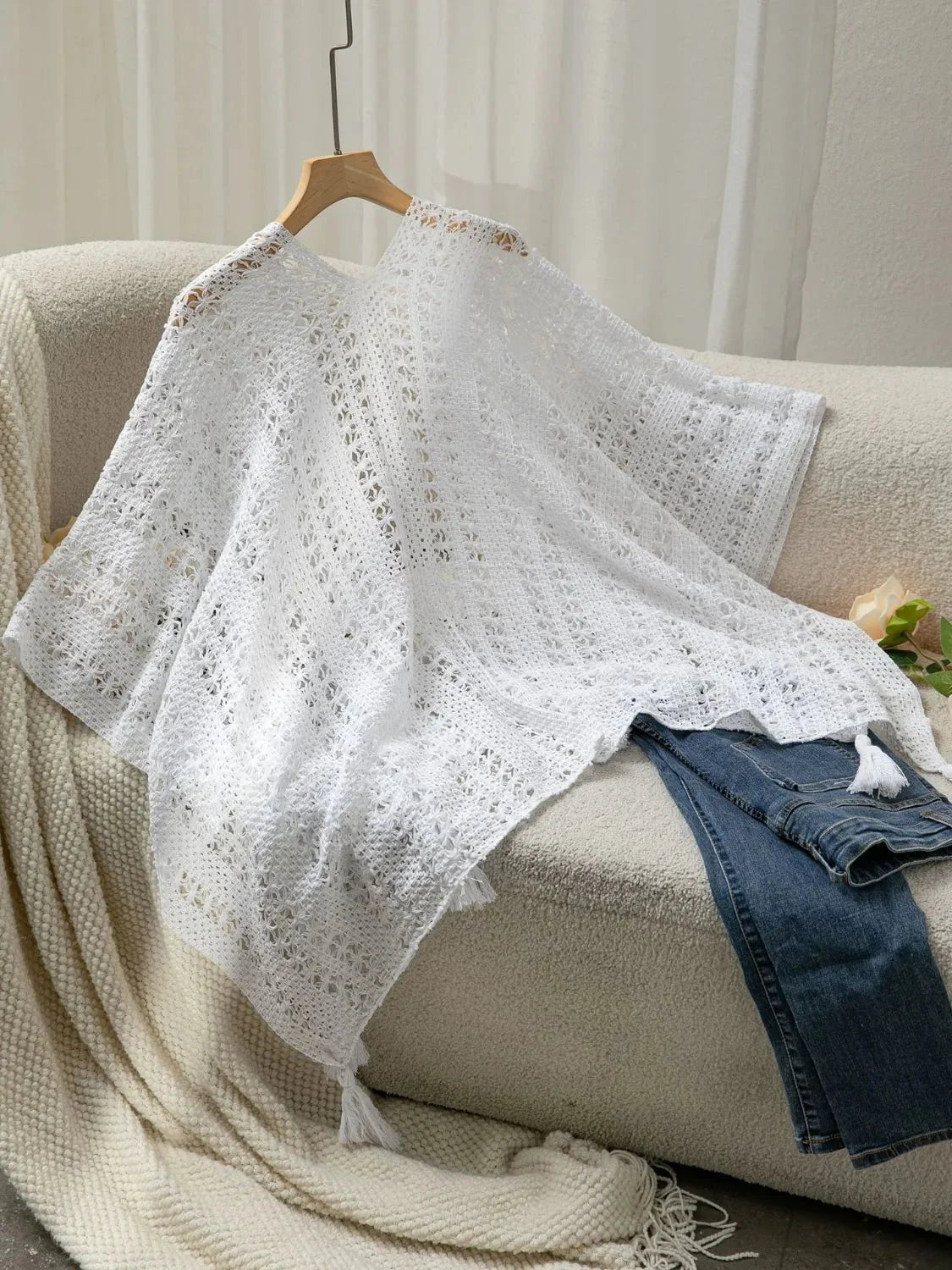 Openwork Tassel Open Front Knit Cover Up for Effortless Style