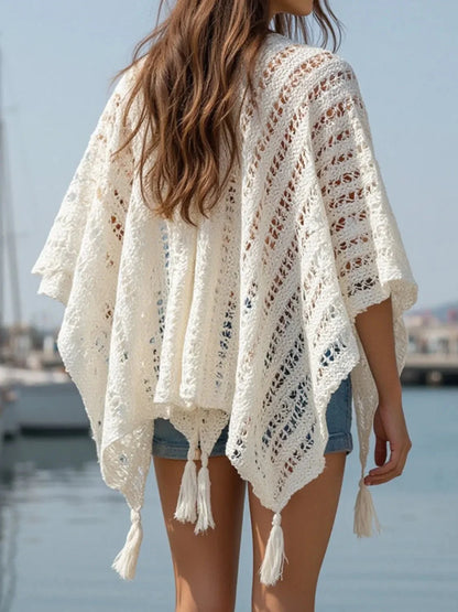 Openwork Tassel Open Front Knit Cover Up for Effortless Style