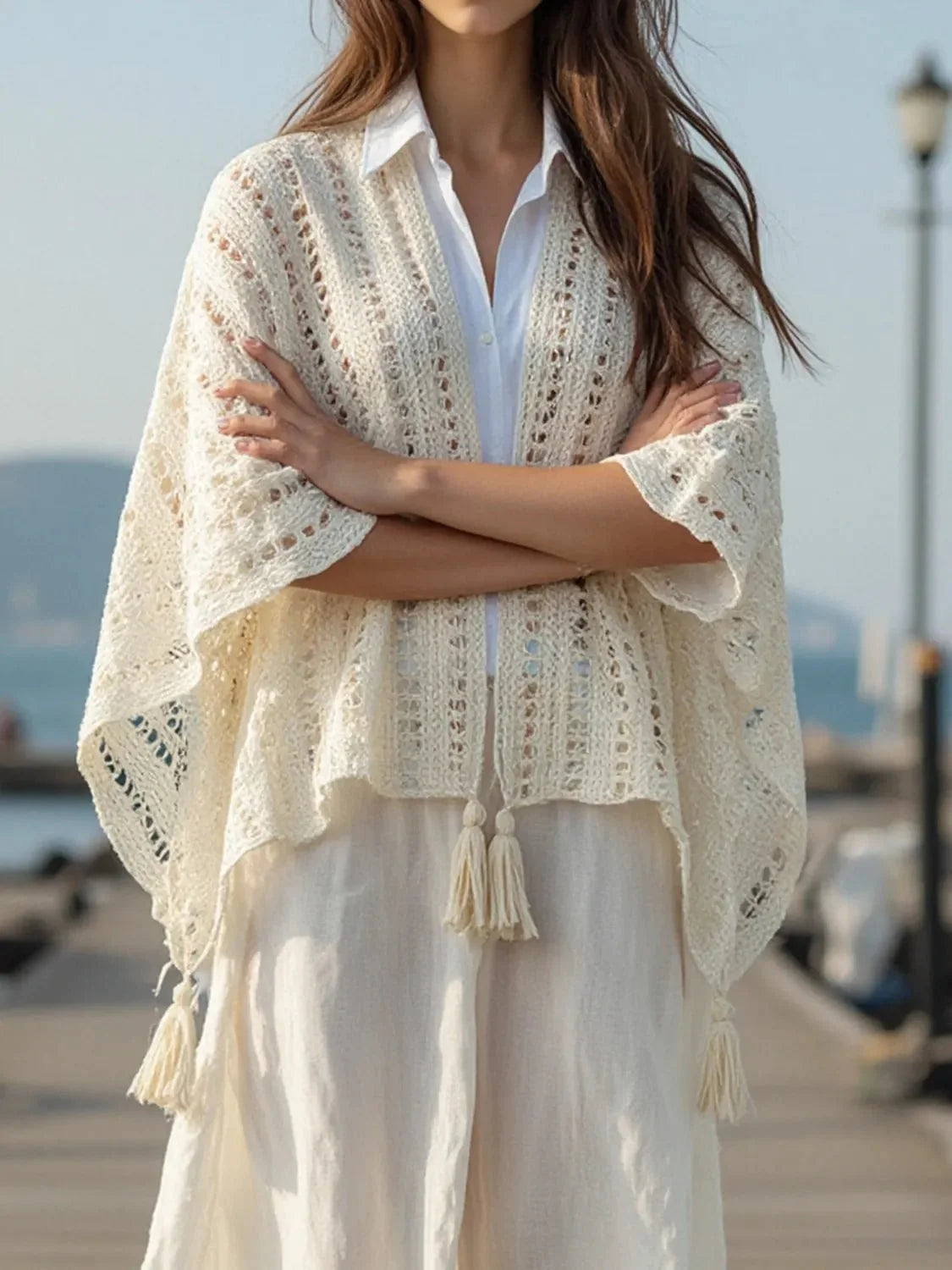 Openwork Tassel Open Front Knit Cover Up for Effortless Style