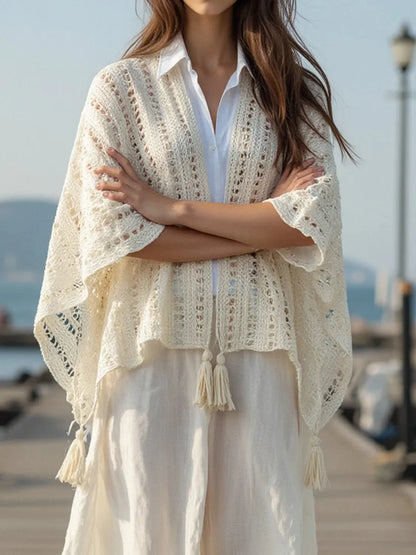Openwork Tassel Open Front Knit Cover Up for Effortless Style