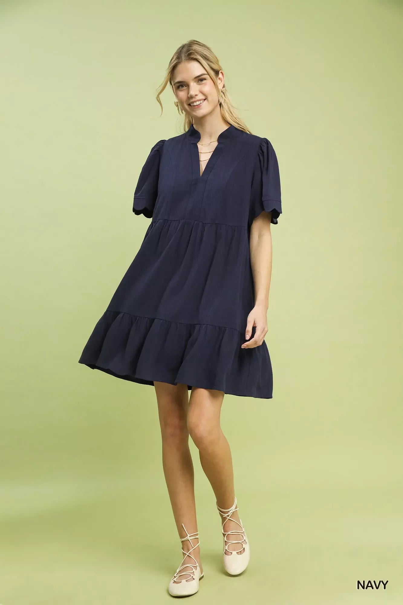 Umgee Linen Babydoll Dress with Scalloped Sleeves - Tiered Design