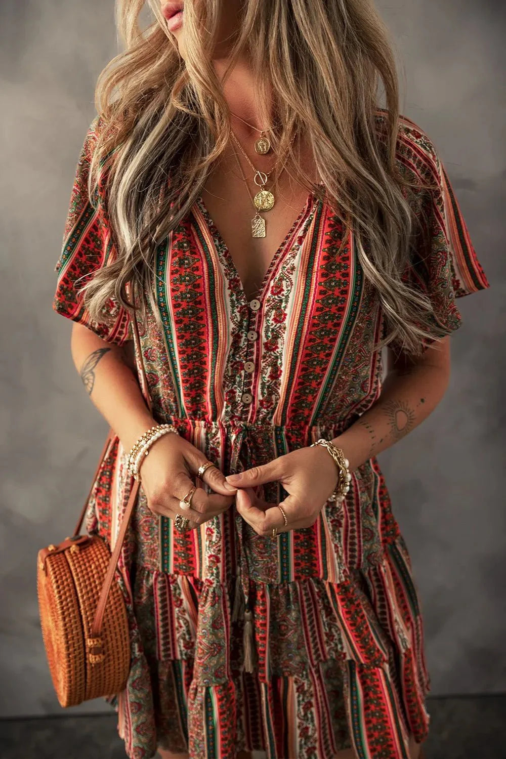 Bohemian Floral Dress with Buttoned V Neck and Ruffle Tiered Design