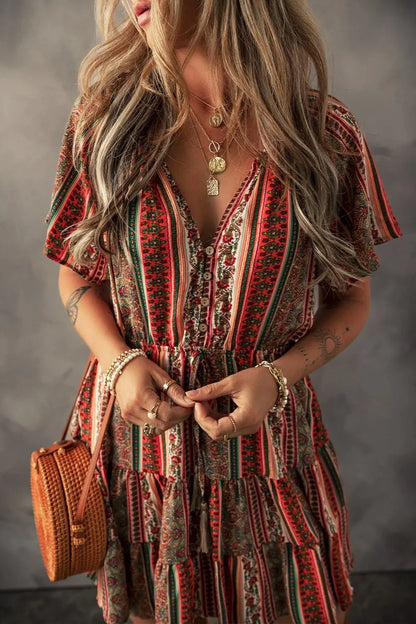 Bohemian Floral Dress with Buttoned V Neck and Ruffle Tiered Design