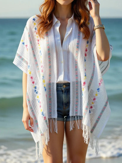 Openwork Fringe Knit Cape with Open Front Design