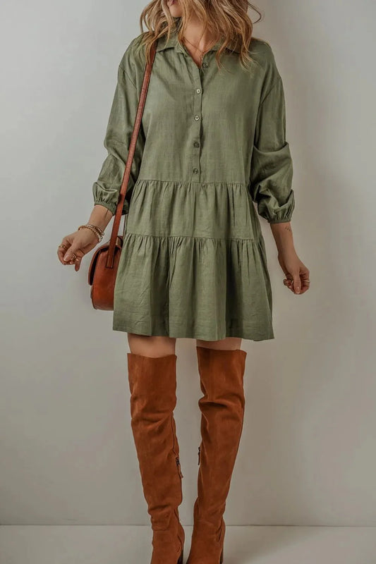 Tiered Balloon Sleeve Dress with Collared Neck Design
