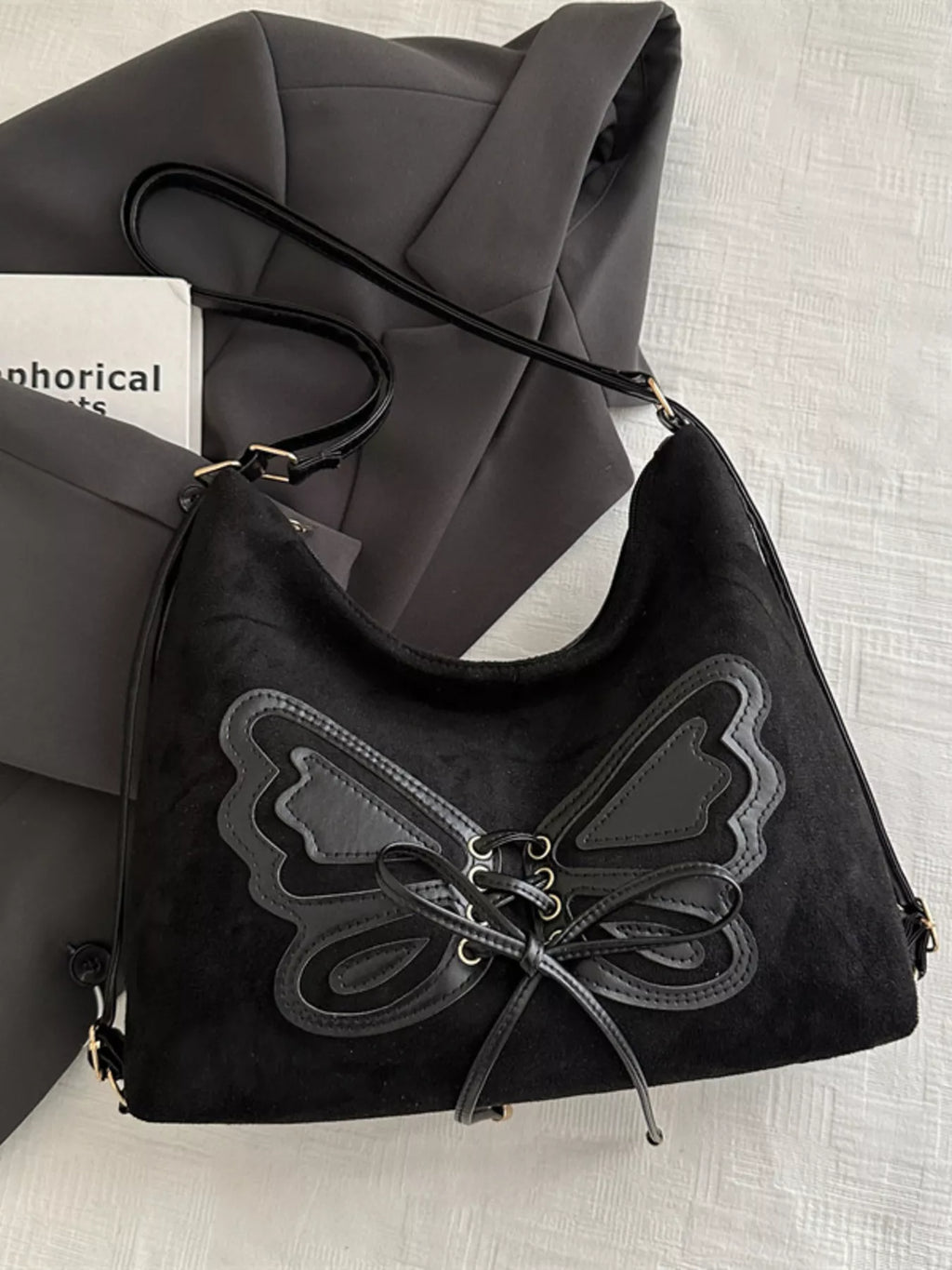 Butterfly Decor Shoulder Bag with Lace-Up Design