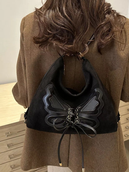 Butterfly Decor Shoulder Bag with Lace-Up Design