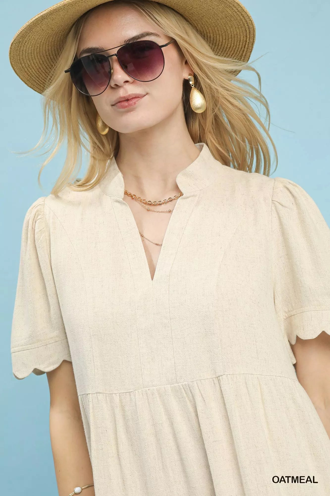 Umgee Linen Babydoll Dress with Scalloped Sleeves - Tiered Style