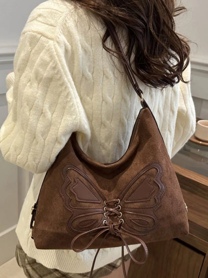Butterfly Decor Shoulder Bag with Lace-Up Design