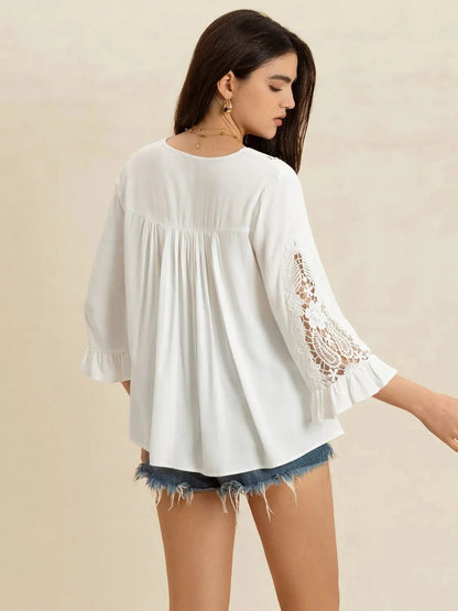 V-Neck Lace Top with Flounce Sleeves