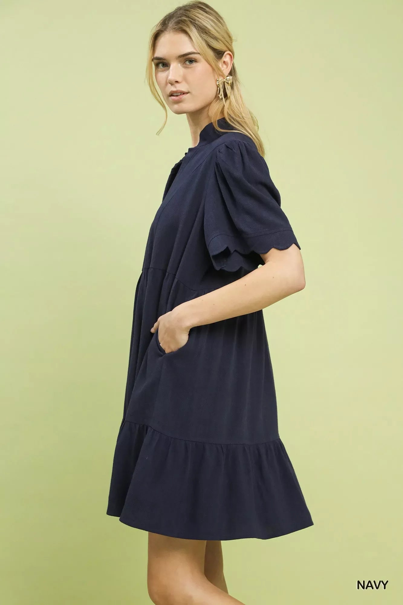 Umgee Linen Babydoll Dress with Scalloped Sleeves - Tiered Design