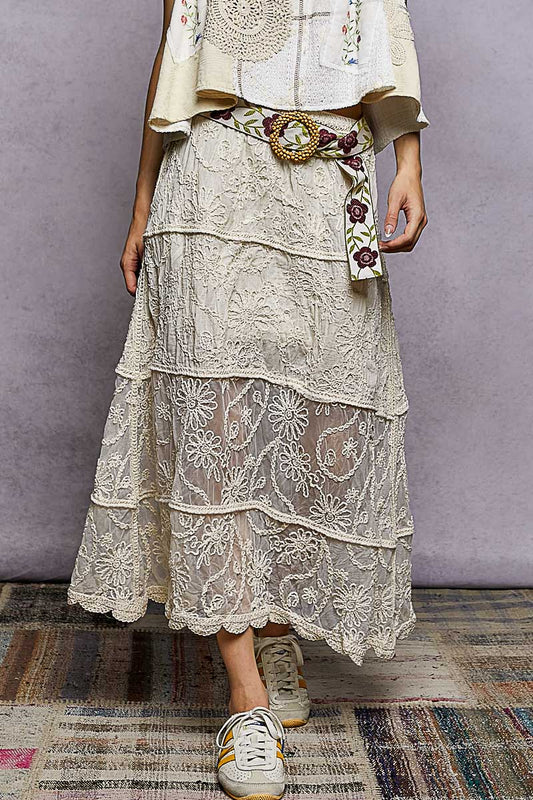 Floral Embroidered Maxi Skirt with Tiered Crochet Design