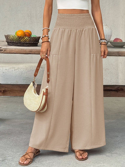 Refined Boho Wide Leg Pants with Smocked Waist