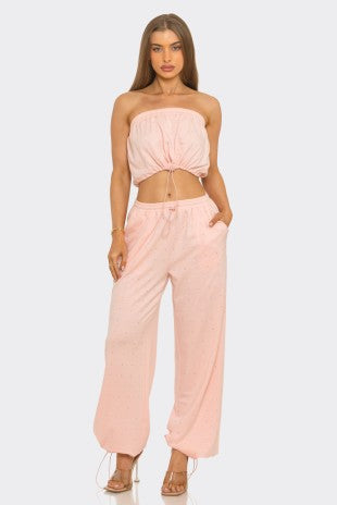 Rhinestone Bling Pants & Cropped Top Set- Pink