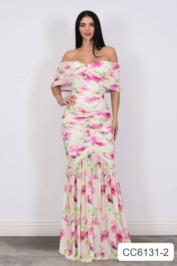 Bouquet of Flowers Off Shoulder Maxi Dress- Pink